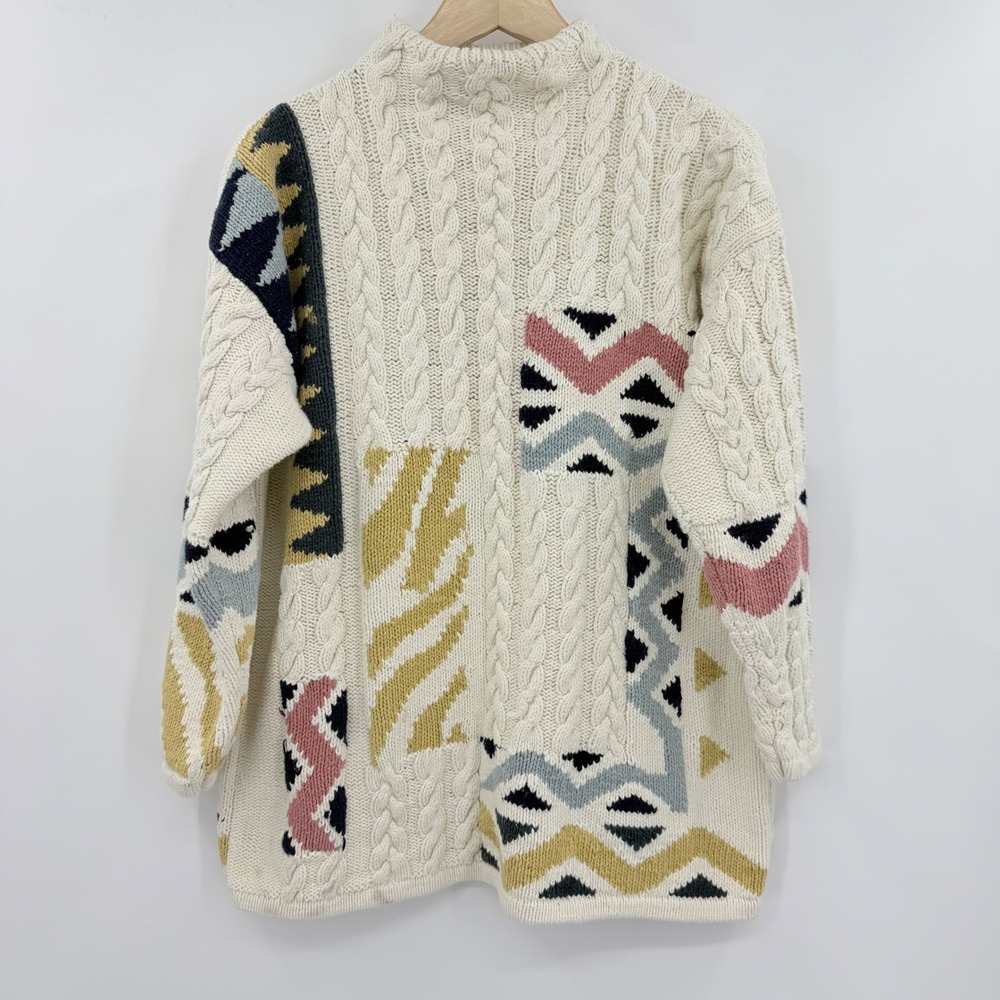 Lecomte Handknit Sweater Womens Cream 90s Patchwork Cable Geometric Mock Neck